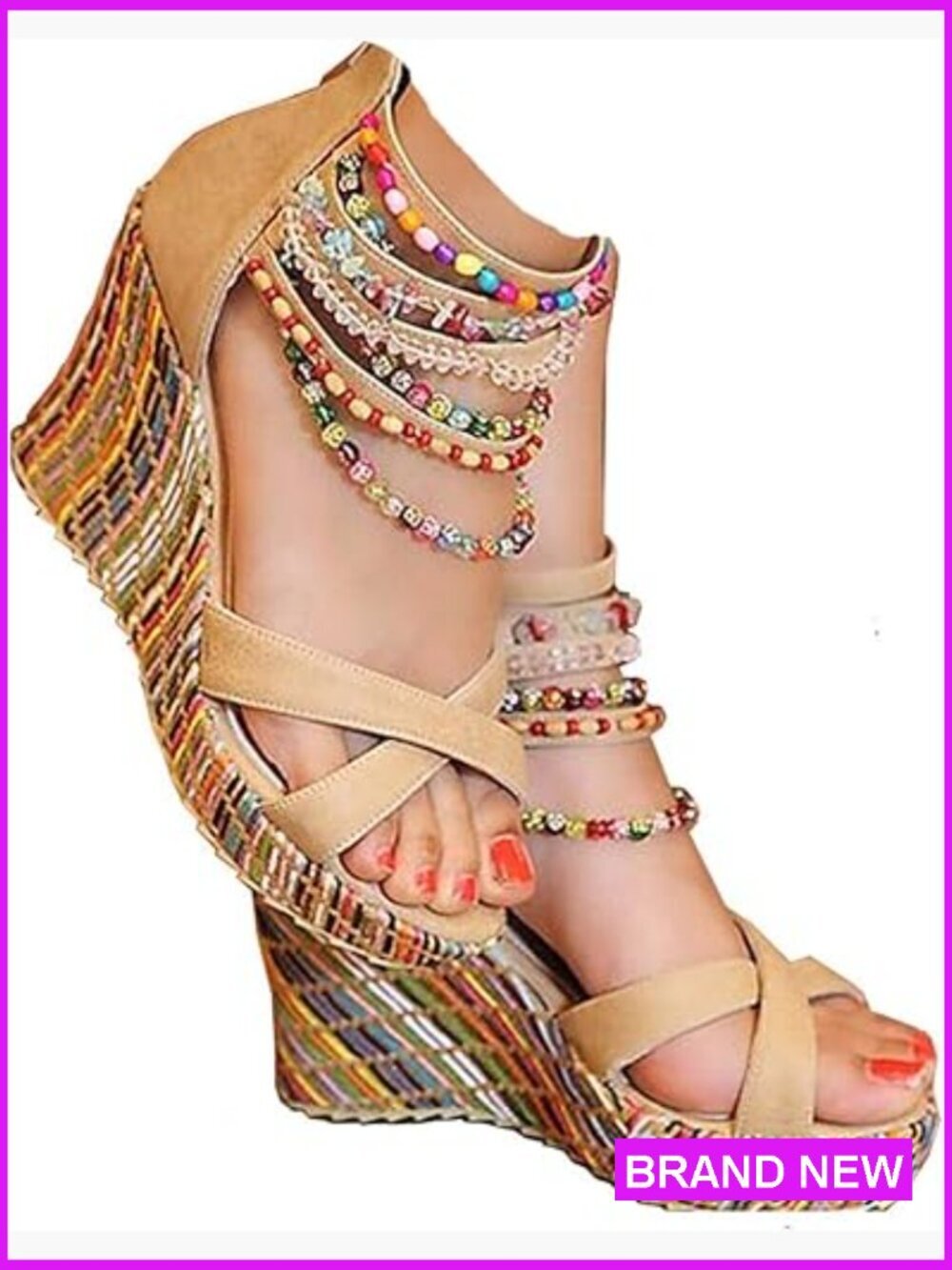 Platform Wedge Sandals Pearl Embellished Peep Toe High Heels Ankle Strap
